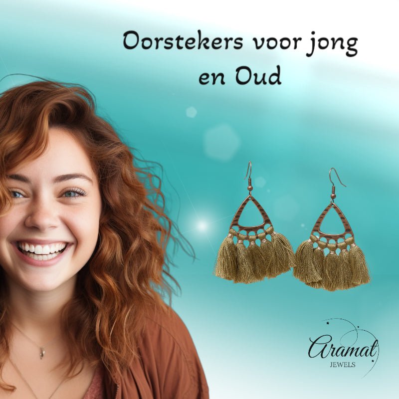 Olijfgroene bohemian oorhangers met kwastjes, bronskleurige afwerking, 55x30mm, handgemaakte statement oorbellen