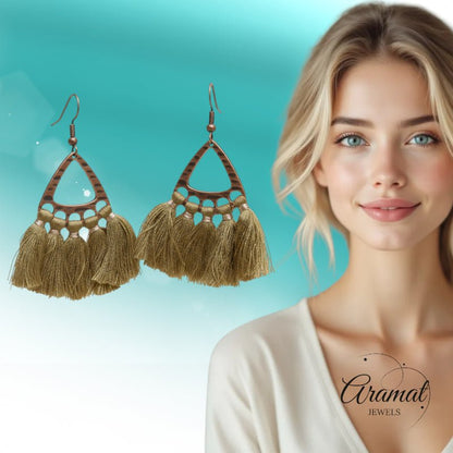 Boho Oorhangers Kwastjes Olijf groen 55x30mm - Aramat Jewels - Oorbellen - cadeautip