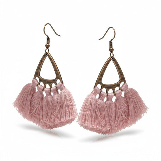 Boho oorhangers met licht roze kwastjes en bronskleur, 55x30mm, lichtgewicht festival oorbellen voor dames