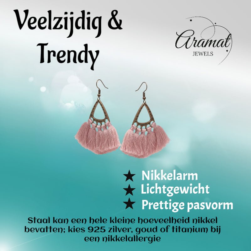Boho Oorhangers Kwastjes Roze 55x30mm - Aramat Jewels - Oorbellen - cadeautip
