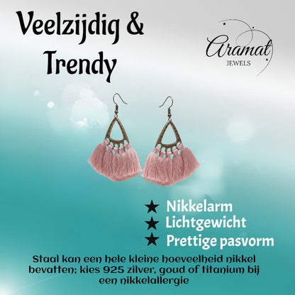 Boho Oorhangers Kwastjes Roze 55x30mm - Aramat Jewels - Oorbellen - cadeautip