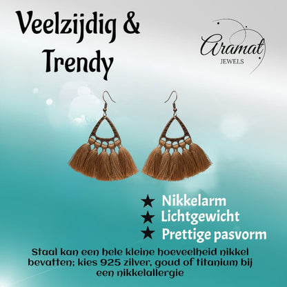 Boho Oorhangers met Kwastjes - 55x30mm - Bruin - Aramat Jewels - Oorhangers - cadeautip