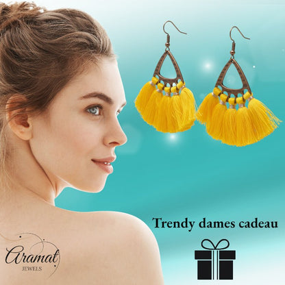 Boho Oorhangers met Kwastjes Geel 55x30mm - Aramat Jewels - Oorbellen - cadeautip