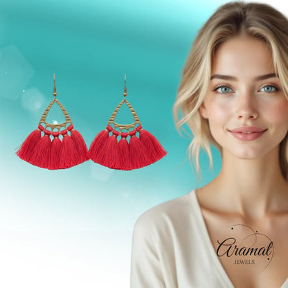 Boho Oorhangers met Kwastjes – Rood 55x30mm - Aramat Jewels - Oorbellen - cadeautip