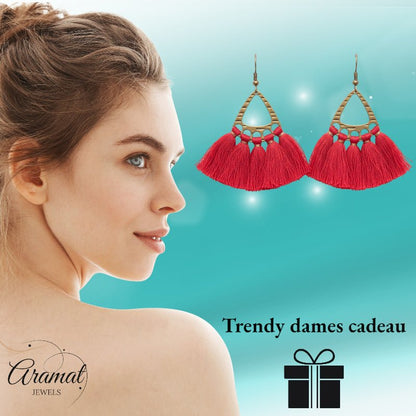 Boho Oorhangers met Kwastjes – Rood 55x30mm - Aramat Jewels - Oorbellen - cadeautip