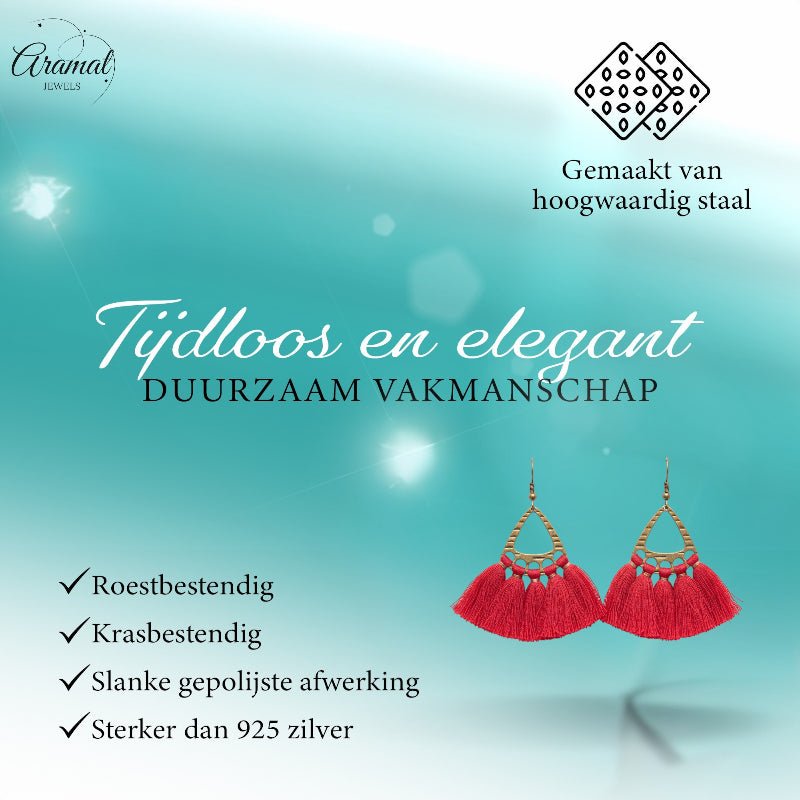 Boho Oorhangers met Kwastjes – Rood 55x30mm - Aramat Jewels - Oorbellen - cadeautip