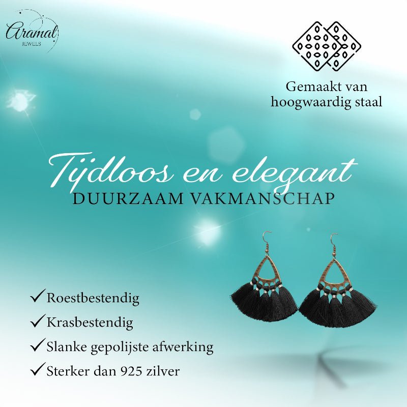 Boho Oorhangers met Kwastjes – Zwart 55x30mm - Aramat Jewels - Oorbellen - cadeautip