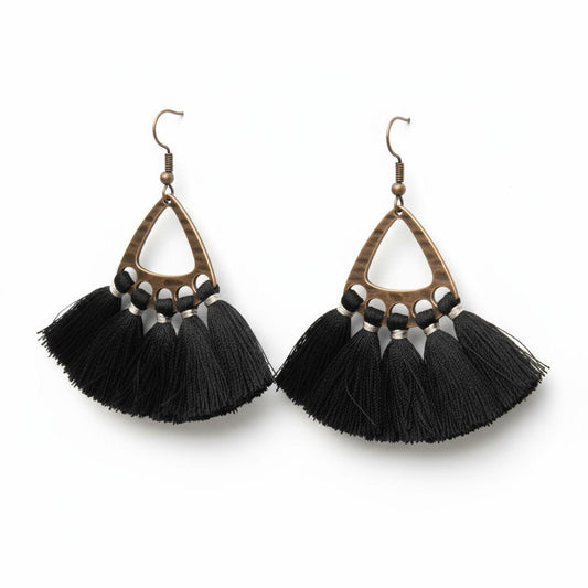 Boho oorhangers met zwarte kwastjes en bronskleur, 55x30mm, lichtgewicht festival oorbellen voor dames