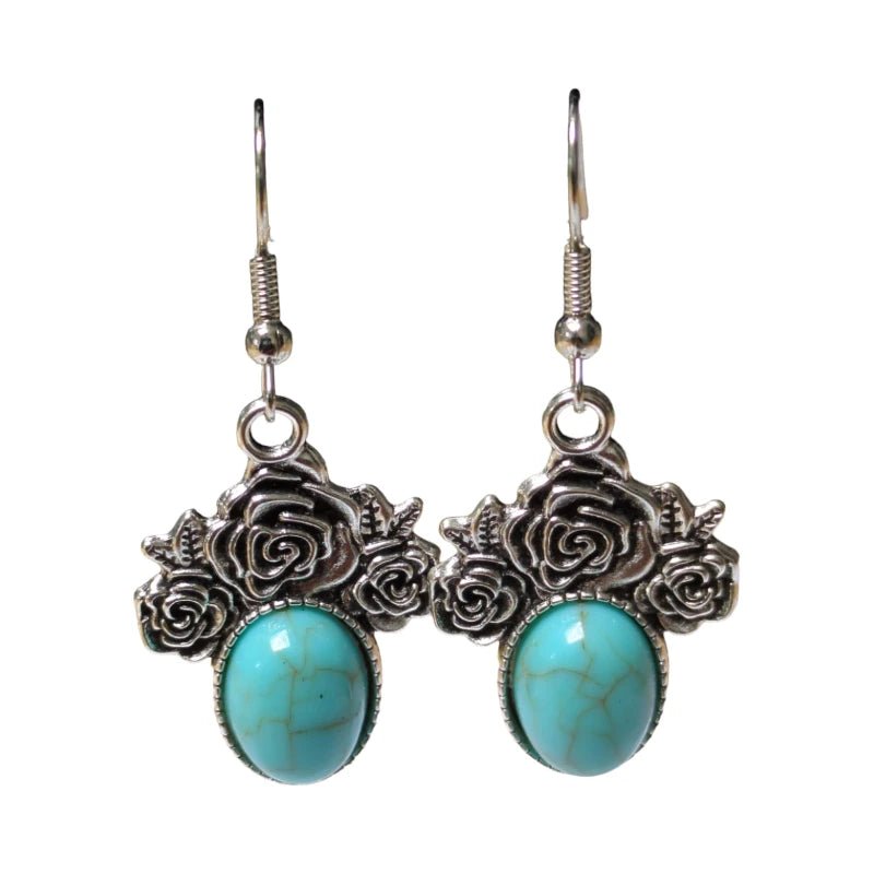 Boho Oorhangers met Lichtblauwe Steen – Rozen detail 48x21mm - oor6055 - Oorhangers kopen# - 50mm - alles - bali