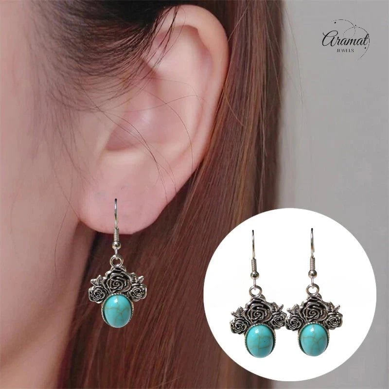 Boho Oorhangers met Lichtblauwe Steen – Rozen detail 48x21mm - oor6055 - Oorhangers kopen# - 50mm - alles - bali