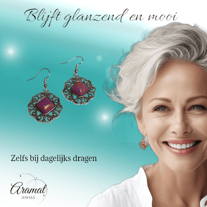 Boho Oorhangers met Paarse Gemarmerde Steen - oor6026 - Oorhangers kopen# - 45mm - alles - bali