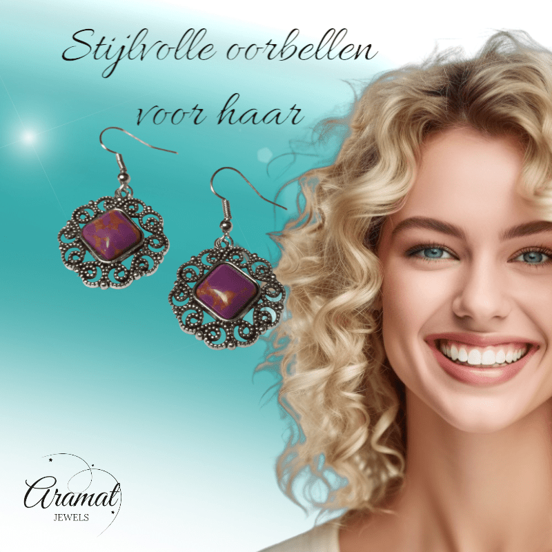 Boho Oorhangers met Paarse Gemarmerde Steen - oor6026 - Oorhangers kopen# - 45mm - alles - bali