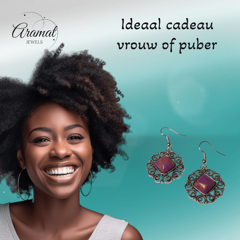 Boho Oorhangers met Paarse Gemarmerde Steen - oor6026 - Oorhangers kopen# - 45mm - alles - bali