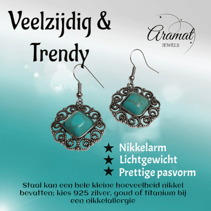 Boho Oorhangers met Vierkante Turquoise Steen - oor6023 - Oorhangers kopen# - alles - bali - blauw