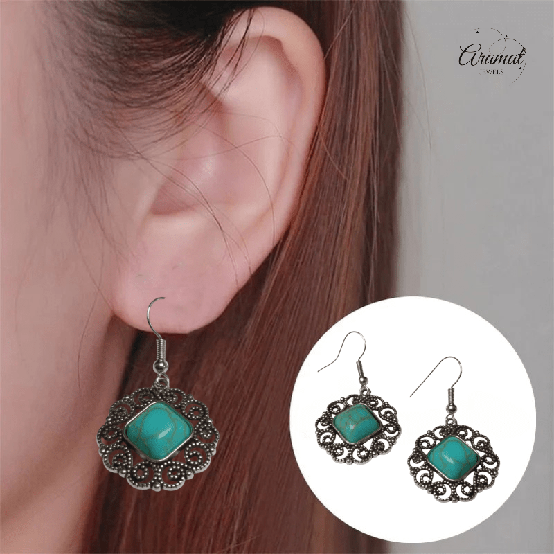 Boho Oorhangers met Vierkante Turquoise Steen - oor6023 - Oorhangers kopen# - alles - bali - blauw