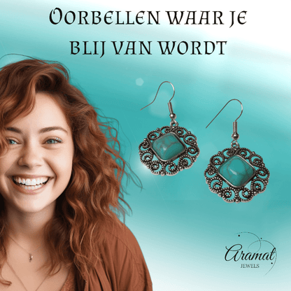 Boho Oorhangers met Vierkante Turquoise Steen - oor6023 - Oorhangers kopen# - alles - bali - blauw