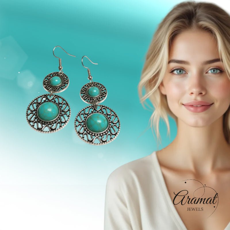Boho Oorhangers Turquoise Steen 62mm - Aramat Jewels - Oorhangers - cadeautip