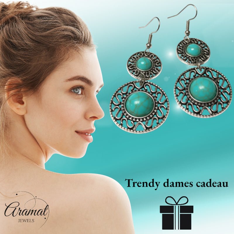 Boho Oorhangers Turquoise Steen 62mm - Aramat Jewels - Oorhangers - cadeautip