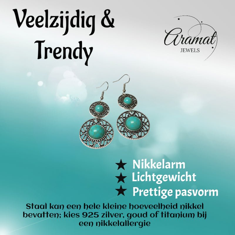 Boho Oorhangers Turquoise Steen 62mm - Aramat Jewels - Oorhangers - cadeautip