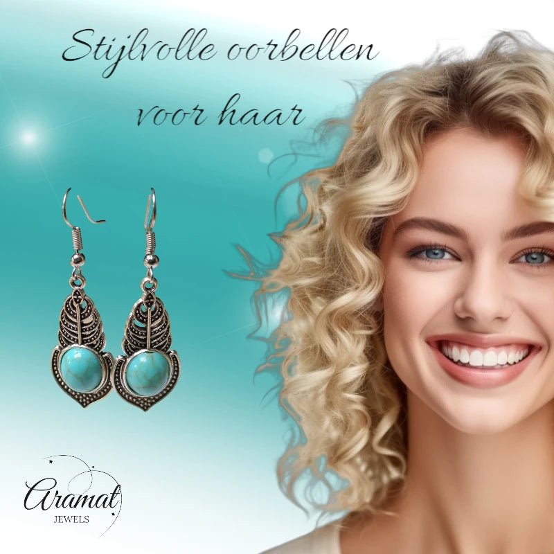 Boho Oorhangers Veertje met Blauwe Steen - oor6050 - Oorhangers kopen# - 55mm - alles - bali
