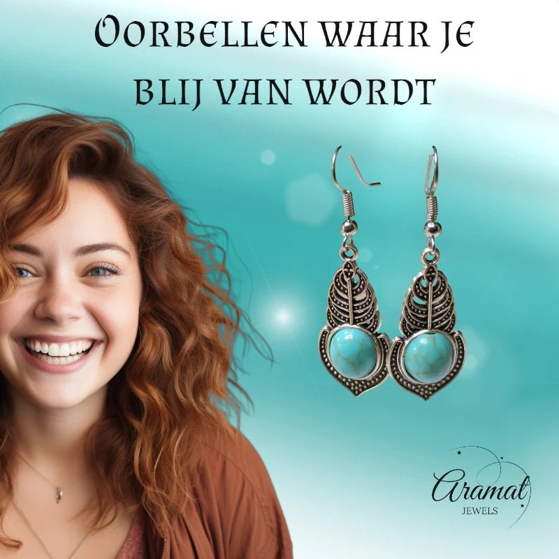 Boho Oorhangers Veertje met Blauwe Steen - oor6050 - Oorhangers kopen# - 55mm - alles - bali