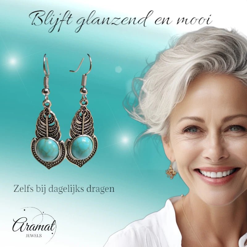 Boho Oorhangers Veertje met Blauwe Steen - oor6050 - Oorhangers kopen# - 55mm - alles - bali