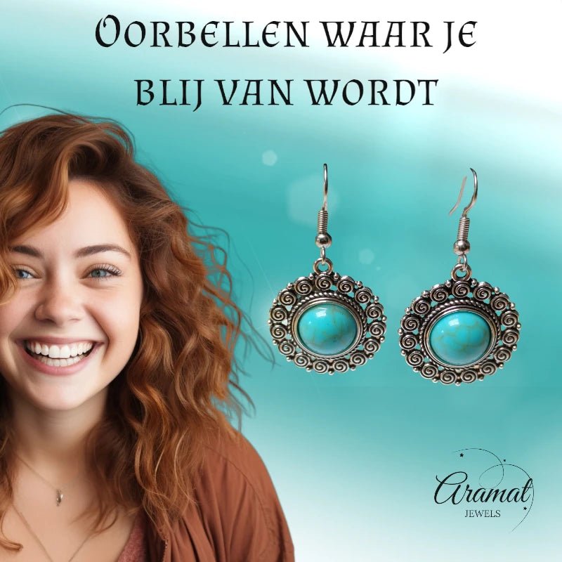 Boho Ronde Oorhangers – Blauwe Gemarmerde Stenen (46x25mm) - oor6054 - Oorhangers kopen# - 45mm - alles - bali