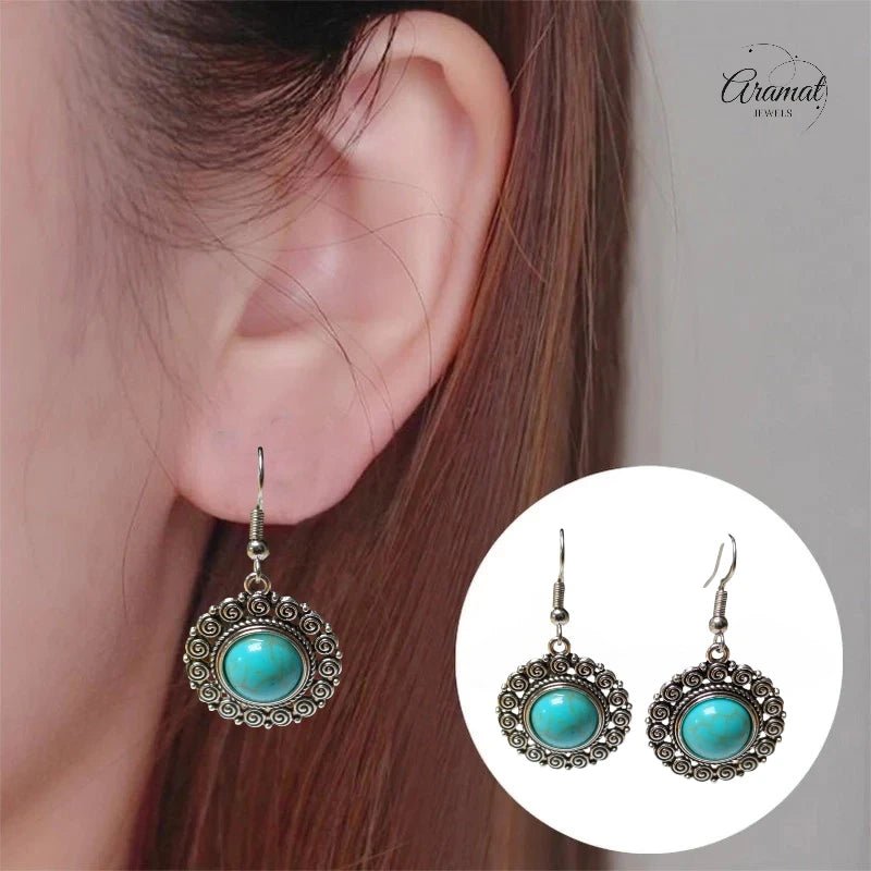 Boho Ronde Oorhangers – Blauwe Gemarmerde Stenen (46x25mm) - oor6054 - Oorhangers kopen# - 45mm - alles - bali