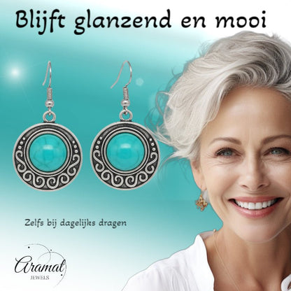 Boho Turquoise Gemarmerde Oorhangers Antiek Zilver - Aramat Jewels - Oorhangers - cadeautip