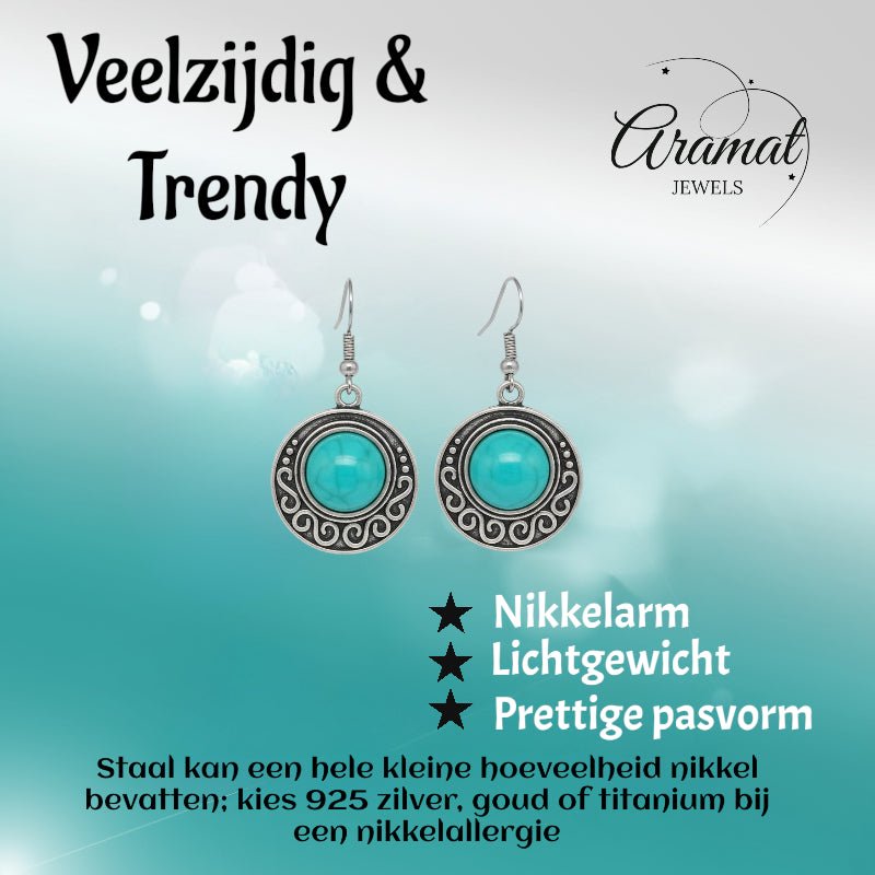 Boho Turquoise Gemarmerde Oorhangers Antiek Zilver - Aramat Jewels - Oorhangers - cadeautip