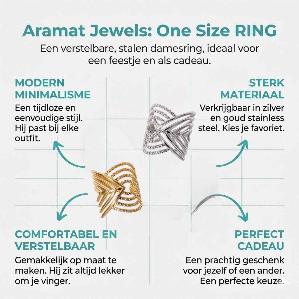 Brede Damesring Verstelbaar – Open Ring met Lijnen – 23 mm - Aramat Jewels - Ringen - cadeautip