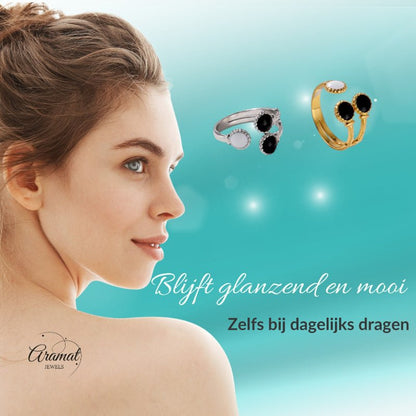 Brede One Size Ring Goudkleurig RVS met Drie Emaille Cirkels (13 mm) - Aramat Jewels - Ringen - cadeautip
