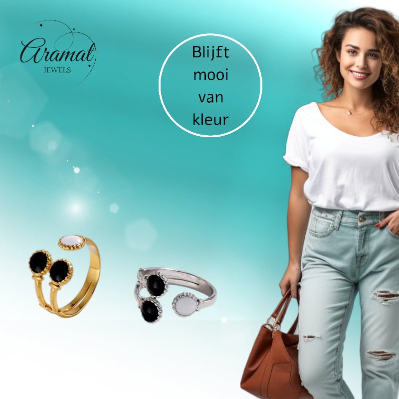 Brede One Size Ring Goudkleurig RVS met Drie Emaille Cirkels (13 mm) - Aramat Jewels - Ringen - cadeautip