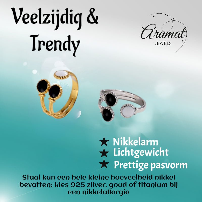 Brede One Size Ring Goudkleurig RVS met Drie Emaille Cirkels (13 mm) - Aramat Jewels - Ringen - cadeautip