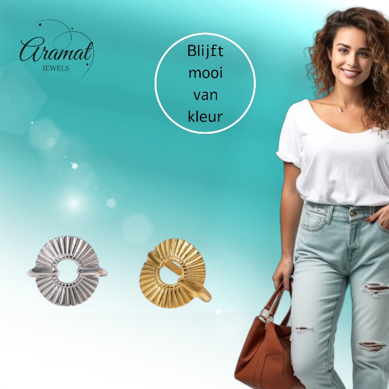 Brede One Size Ring RVS met Cirkel en Lijnenspel (18 mm) - Aramat Jewels - Ringen - cadeautip
