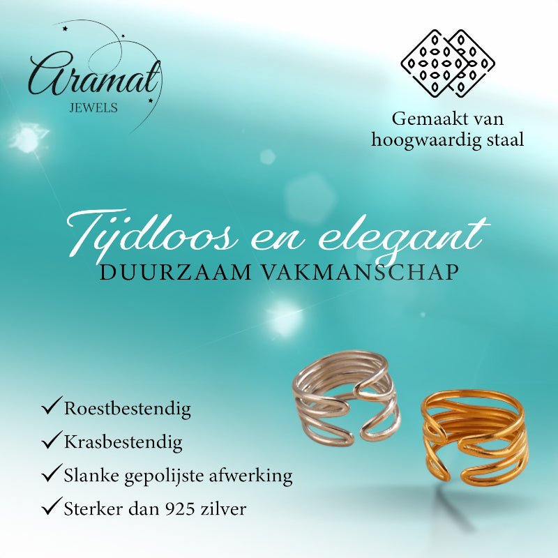 Brede One Size Ring RVS met Modern Lijnenspel (14 mm) - Aramat Jewels - Ringen - cadeautip