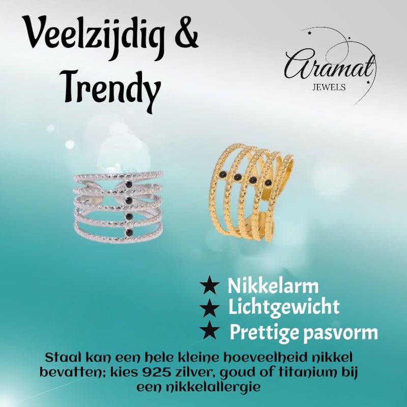 Brede Open Ring RVS met Bolletjesmotief en 5 Emaille Puntjes (16 mm) - Aramat Jewels - Ringen - cadeautip