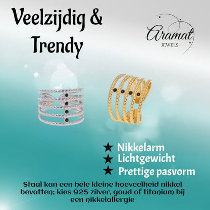 Brede Open Ring RVS met Bolletjesmotief en 5 Emaille Puntjes (16 mm) - Aramat Jewels - Ringen - cadeautip