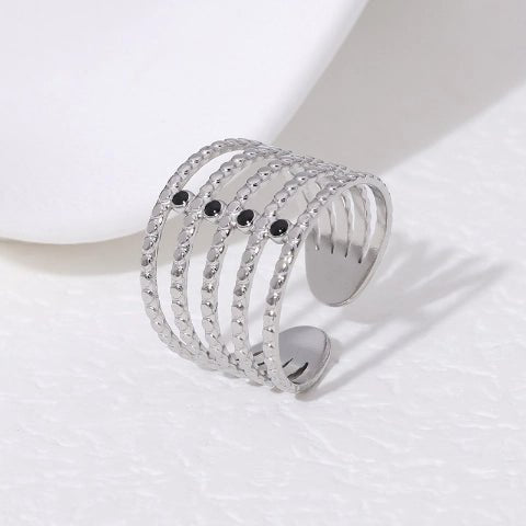 Brede Open Ring RVS met Bolletjesmotief en 5 Emaille Puntjes (16 mm) - Aramat Jewels - Ringen - cadeautip