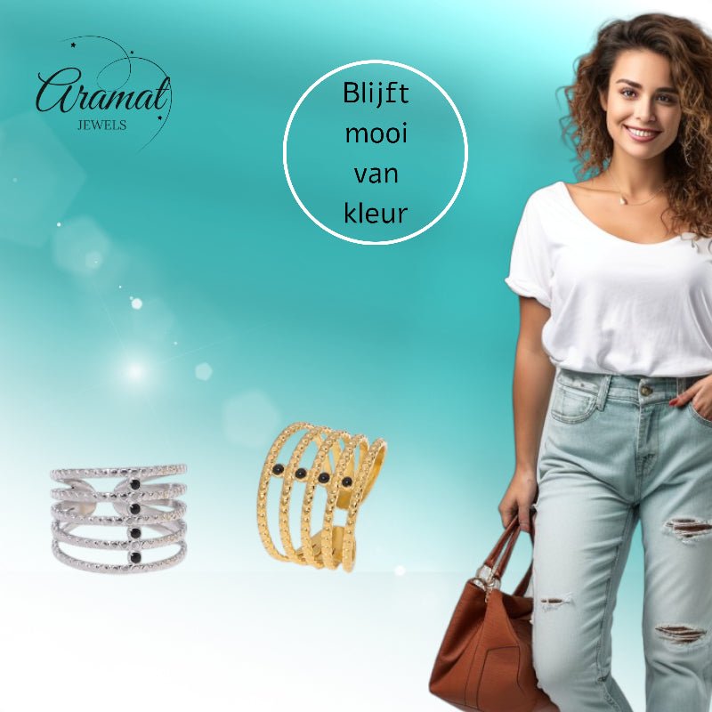 Brede Open Ring RVS met Bolletjesmotief en 5 Emaille Puntjes (16 mm) - Aramat Jewels - Ringen - cadeautip