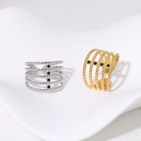 Brede Open Ring RVS met Bolletjesmotief en 5 Emaille Puntjes (16 mm) - Aramat Jewels - Ringen - cadeautip