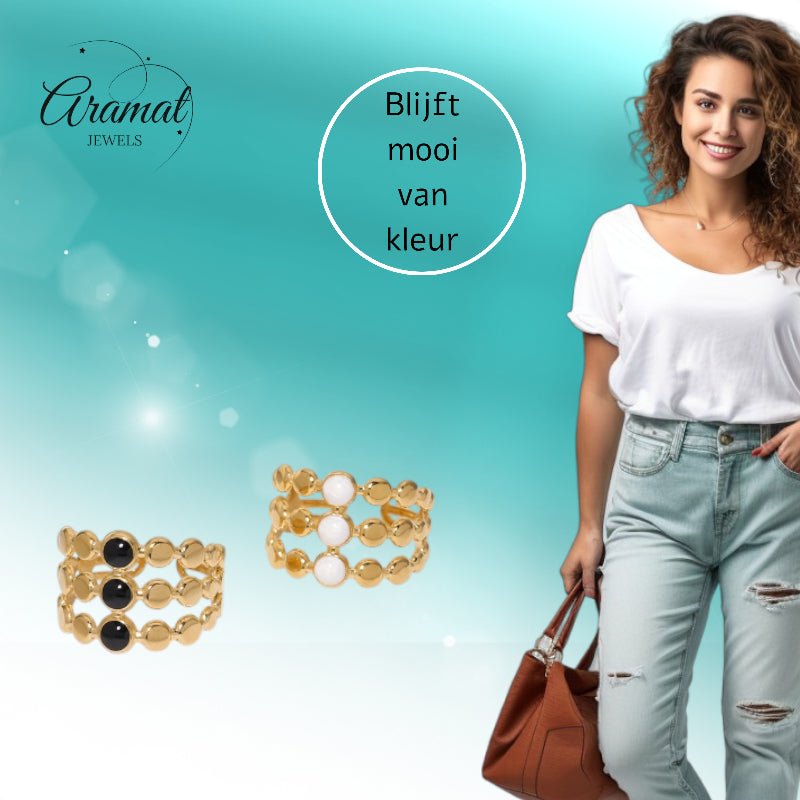 Brede Verstelbare Ring met 3 Emaille Cirkels - Goudkleurig RVS - Aramat Jewels - Ringen - cadeautip