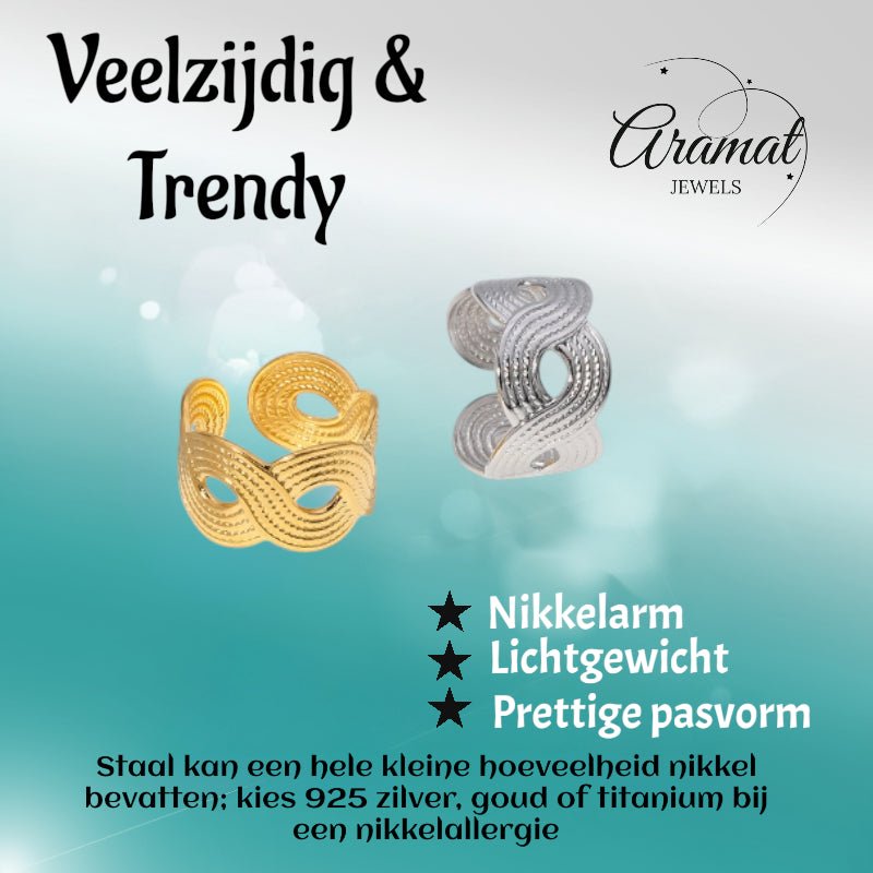 Brede Verstelbare Ring RVS met Vlecht Motief - 13 mm - Aramat Jewels - Ringen - cadeautip