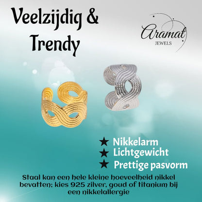 Brede Verstelbare Ring RVS met Vlecht Motief - 13 mm - Aramat Jewels - Ringen - cadeautip