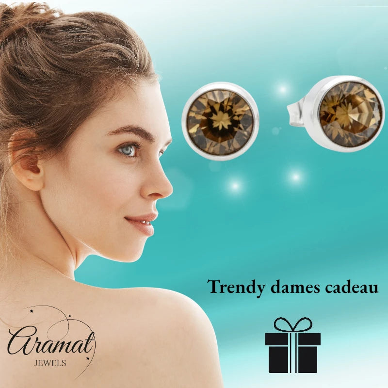 Oorstekers – Staal Kristal Bruin Zilverkleur (8mm)