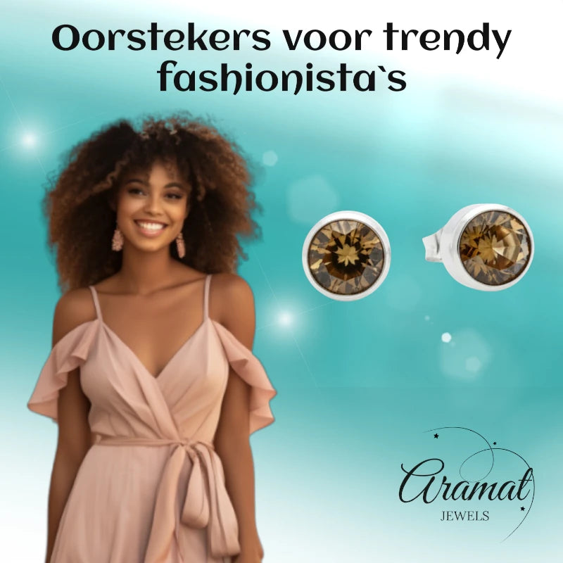 Oorstekers – Staal Kristal Bruin Zilverkleur (8mm)