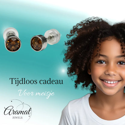 Oorstekers – Staal Kristal Bruin Zilverkleur (5mm)