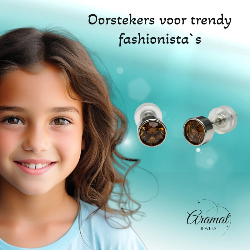 Oorstekers – Staal Kristal Bruin Zilverkleur (5mm)