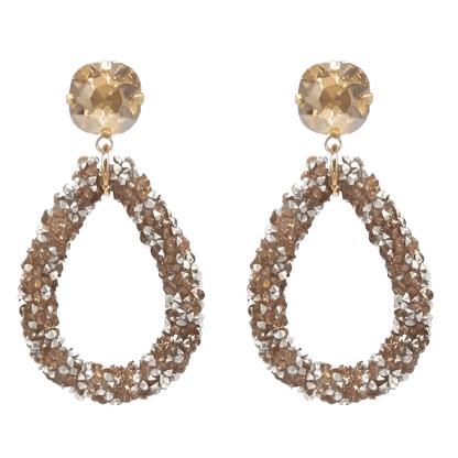 Paar druppelvormige oorbellen met kristallen knopjes.