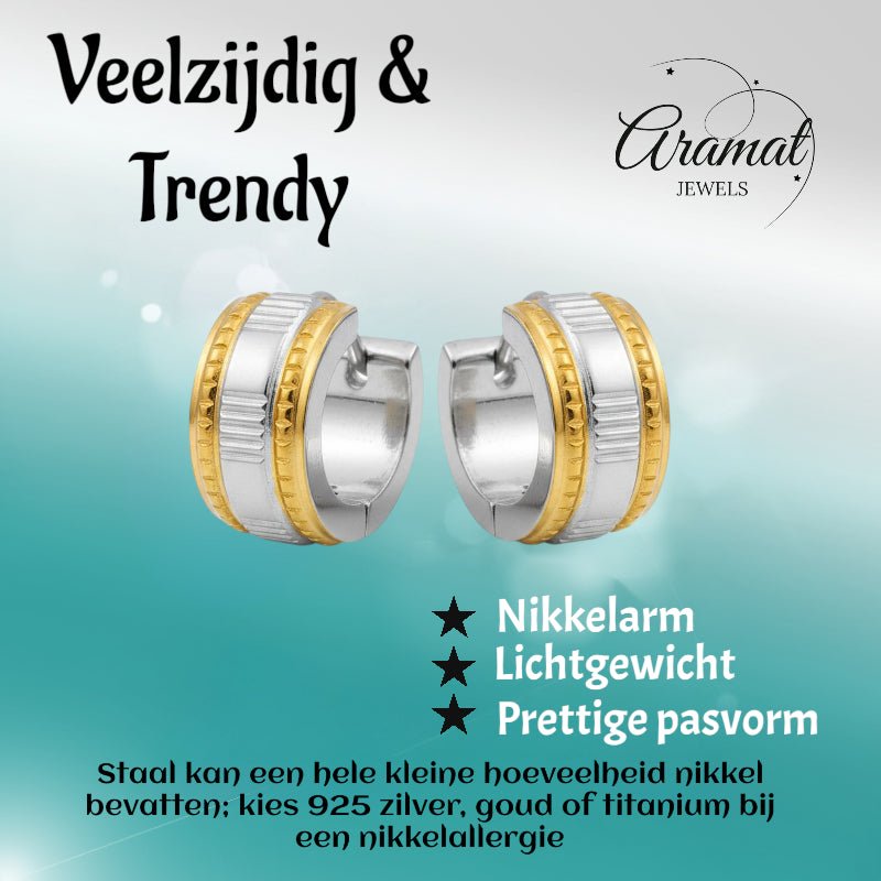 Creolen – Bicolor RVS met Dubbele Goudkleurige Streep (13mm) - Aramat Jewels - Oorringen - cadeautip